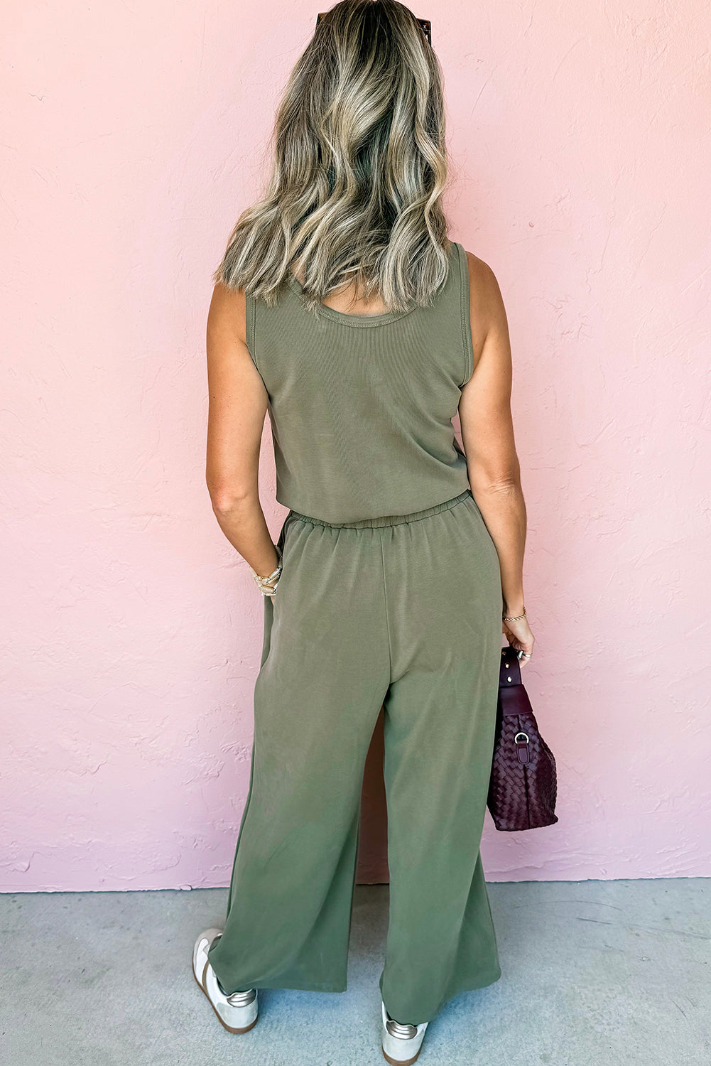 Vineyard Green Buttoned Drawstring Waist Sleeveless Wide Leg Jumpsuit Jumpsuits & Rompers JT's Designer Fashion