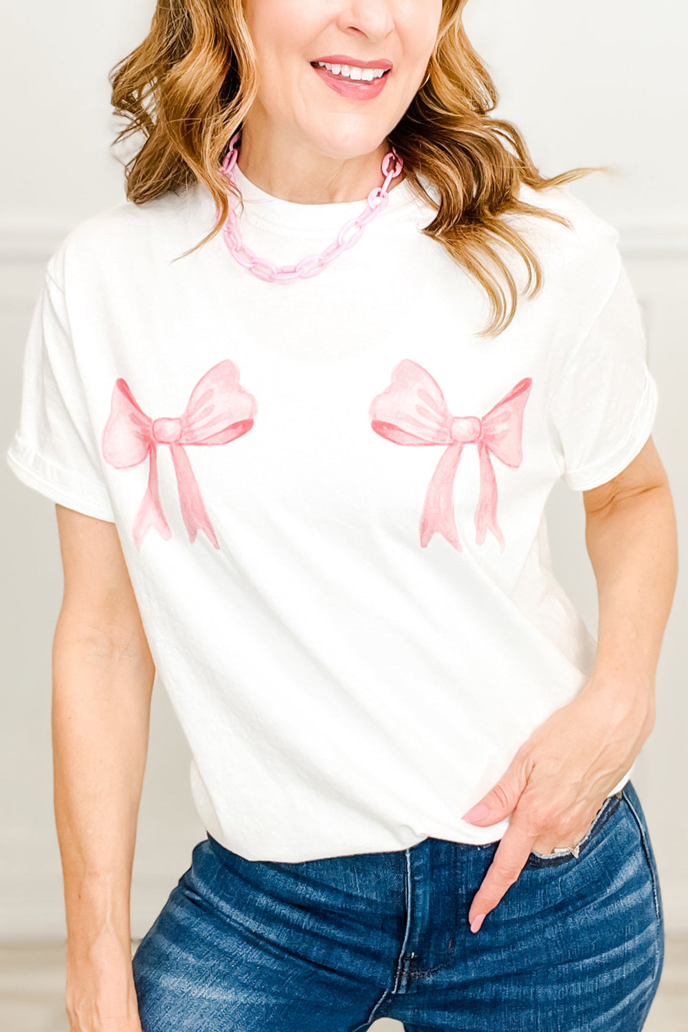 White Sweet Bow Knot Print O Neck Casual T Shirt Graphic Tees JT's Designer Fashion