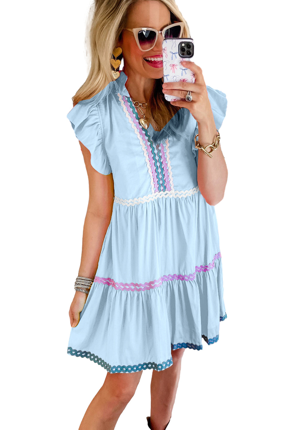 Beau Blue Flutter Sleeve V Neck Colorblock Ric Rac Tiered Dress Dresses JT's Designer Fashion