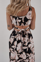 Black Floral Cutout Square Neck Knot Back Sleeveless Long Dress Maxi Dresses JT's Designer Fashion