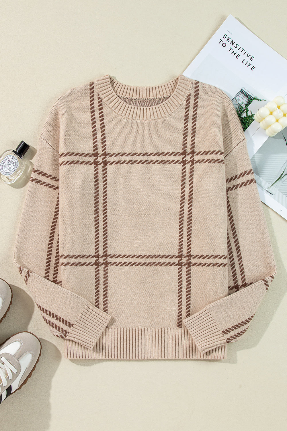 Khaki Plaid Pattern Knitted Drop Shoulder Sweater Sweaters JT's Designer Fashion