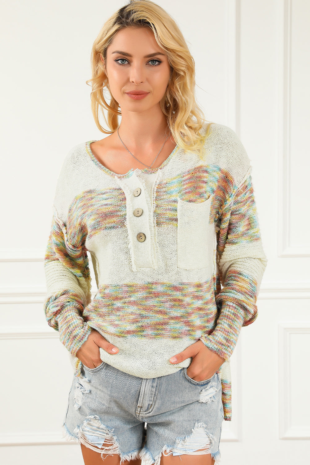 Multicolor Space Dye Henley Knit Sweater Sweaters & Cardigans JT's Designer Fashion