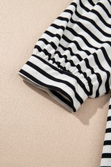 Black Stripe Contrast V Neck Collared Puff Sleeve T Shirt Mini Dress with Pockets T Shirt Dresses JT's Designer Fashion