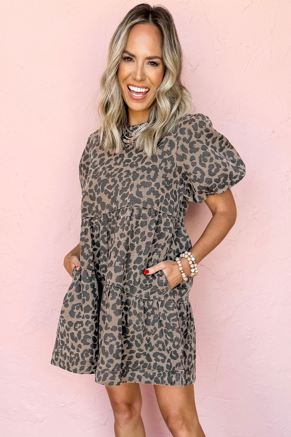 Brown Denim Leopard Printed Short Puff Sleeve Mini Dress Mini Dresses JT's Designer Fashion