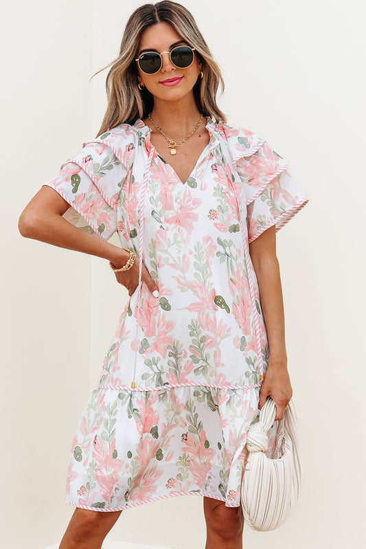 Pink Floral Contrast Edge Layered Short Sleeve Mini Dress Pink 100%Polyester Floral Dresses JT's Designer Fashion