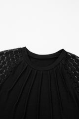 Black Contrast Lace Raglan Sleeve Pleated Detail Shift Dress T Shirt Dresses JT's Designer Fashion