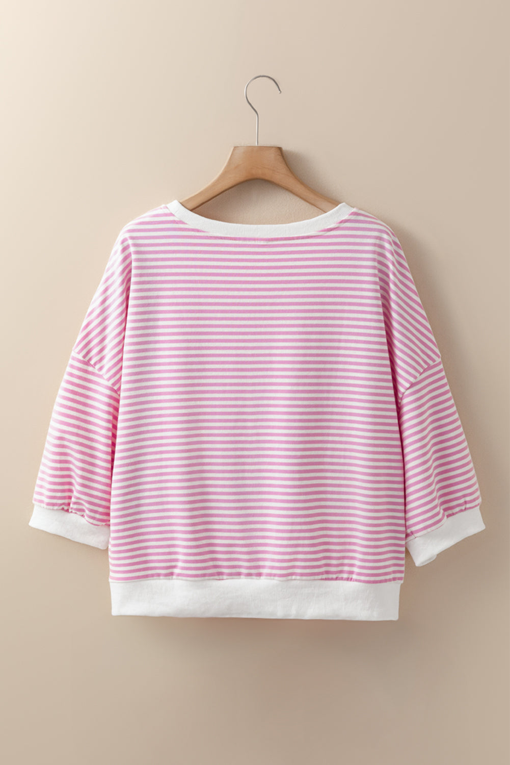 Pink Striped 3/4 Sleeve Drop Shoulder Top Long Sleeve Tops JT's Designer Fashion