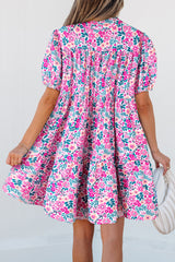 Pink Floral Collared Half Placket Short Sleeve Loose Dress Floral Dresses JT's Designer Fashion