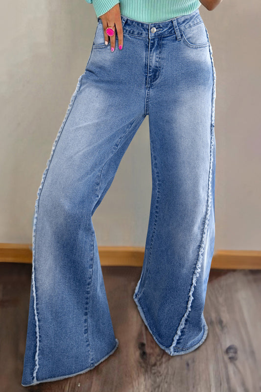 Beau Blue Vintage Stitching Raw Hem Flared Jeans Beau Blue 71%Cotton+27.5%Polyester+1.5%Elastane Jeans JT's Designer Fashion