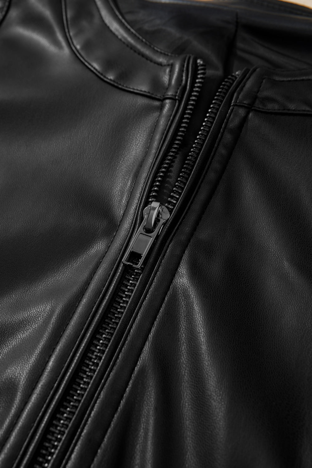 Black Solid Faux Leather Zipper Slim Fit Bomber Jacket Jackets JT's Designer Fashion