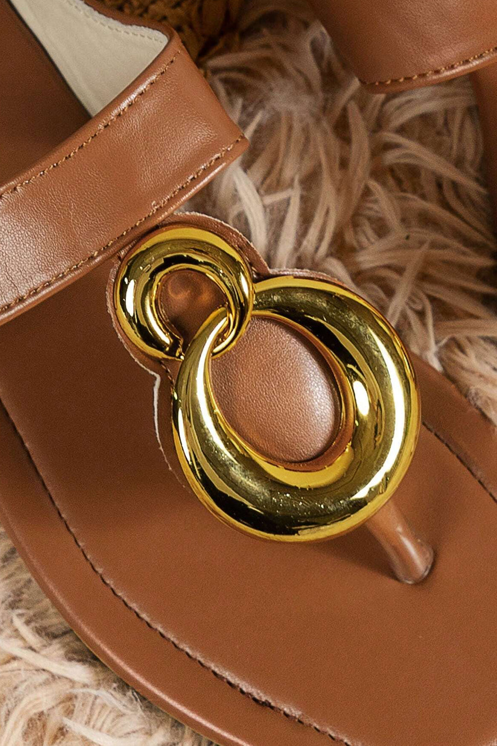 Brown Metal Rings Decor Square Toe Flat Slippers Slippers JT's Designer Fashion