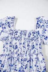 Sky Blue Floral Print Square Neck Bubble Sleeve High Waist Long Dress Maxi Dresses JT's Designer Fashion
