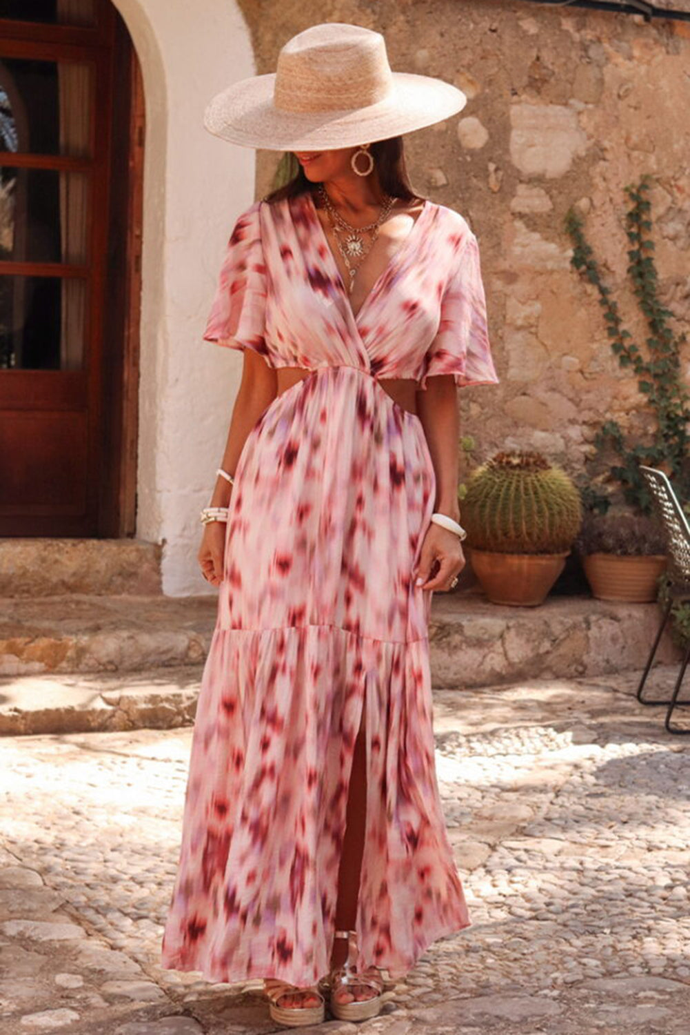 Pink Abstract Printed Flutter Sleeve Daring Cutout Long Dress Maxi Dresses JT's Designer Fashion