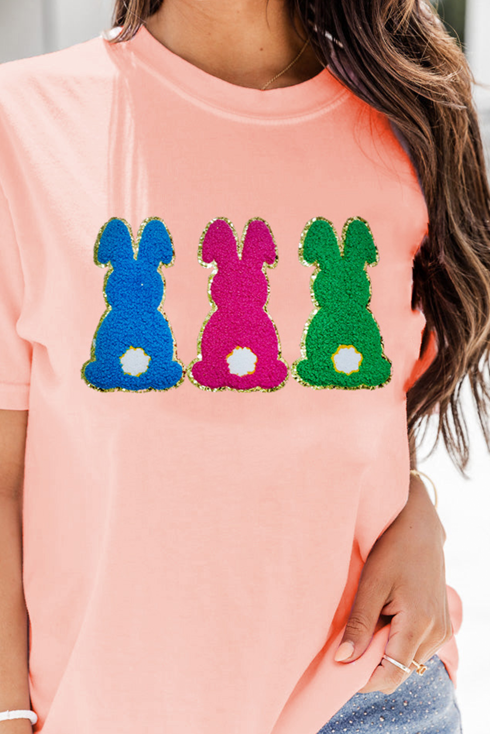 Pink Easter Bunny Chenille Patched Graphic Tee Graphic Tees JT's Designer Fashion