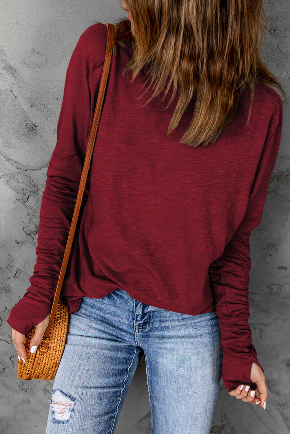 Fiery Red Solid Crew Neck Long Sleeve Top Long Sleeve Tops JT's Designer Fashion