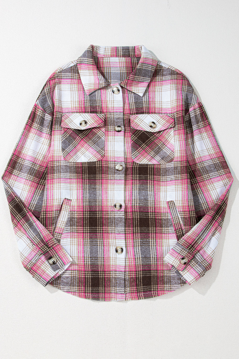 Pink Plaid Flap Pocket Button Up Shacket Plaid Shackets JT's Designer Fashion