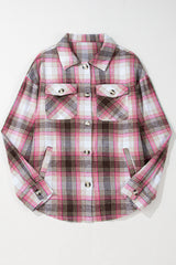 Pink Plaid Flap Pocket Button Up Shacket Plaid Shackets JT's Designer Fashion