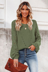 Green Hollow-out Puffy Sleeve Knit Sweater Sweaters JT's Designer Fashion