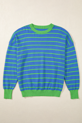 Sky Blue Stripe Trimmed Round Neck Drop Shoulder Loose Sweater Sweaters JT's Designer Fashion