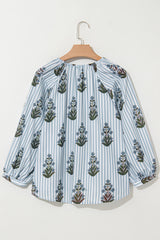 Beau Blue Striped Floral Printed Long Sleeve Tied V Neck Blouse Blouses & Shirts JT's Designer Fashion