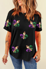 Black Mardi Gras Symbol Patched Crewneck T Shirt Graphic Tees JT's Designer Fashion