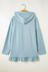 Iceland Blue Solid Ruffled Hem Loose Fit Tunic Hoodie Sweatshirts & Hoodies JT's Designer Fashion