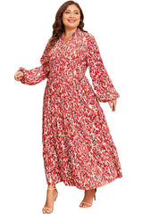 Red Plus Size Abstract Print Notch V Neck High Waist Maxi Dress Plus Size Maxi Dresses JT's Designer Fashion