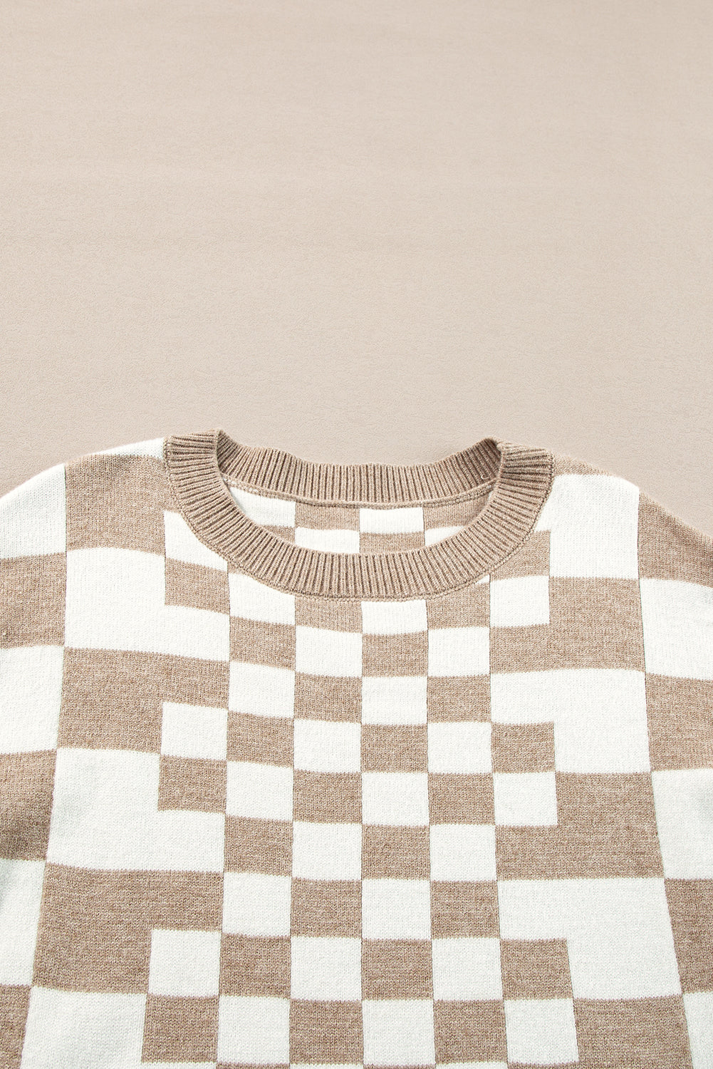 Khaki Checkered Print Drop Shoulder Round Neck Sweater Sweaters JT's Designer Fashion