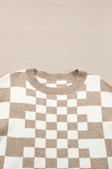 Khaki Checkered Print Drop Shoulder Round Neck Sweater Sweaters JT's Designer Fashion