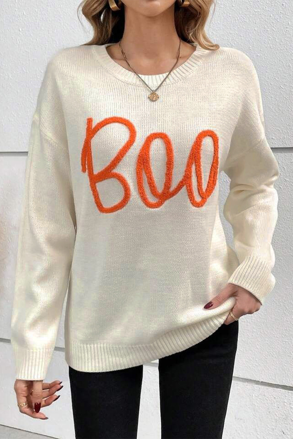 Apricot Boo Knitted Pattern Ribbed Edge Drop Shoulder Sweater Sweaters JT's Designer Fashion