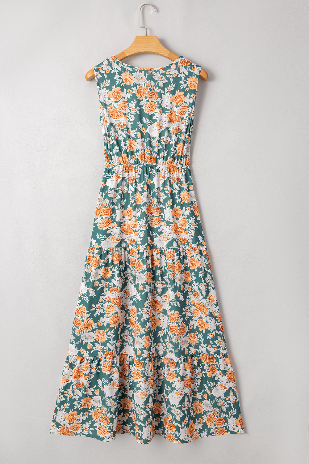 Green Floral Print Trimmed V Neck Tie Waist Sleeveless Holiday Long Dress Maxi Dresses JT's Designer Fashion