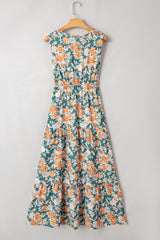 Green Floral Print Trimmed V Neck Tie Waist Sleeveless Holiday Long Dress Maxi Dresses JT's Designer Fashion