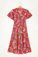 Frill Printed Notched Short Sleeve Midi Dress Maxi Dresses JT's Designer Fashion