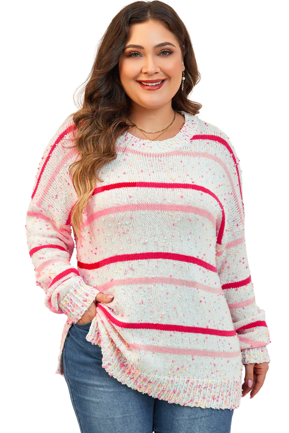 Pink Stripe Drop Shoulder Side Split Plus Size Sweater Plus Size Sweaters & Cardigans JT's Designer Fashion