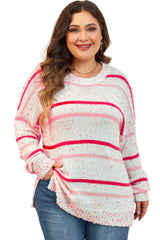 Pink Stripe Drop Shoulder Side Split Plus Size Sweater Plus Size Sweaters & Cardigans JT's Designer Fashion