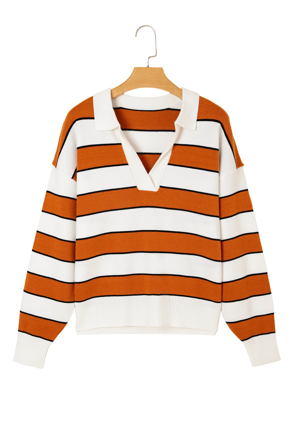 Brown Stripe Ribbed Polo Collar Drop Shoulder Sweater Sweaters JT's Designer Fashion
