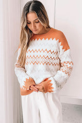 Khaki Zigzag Geometric Pattern Knitted Pullover Sweater Sweaters JT's Designer Fashion