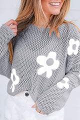 Light Grey Big Flower Hollowed Knit Drop Shoulder Sweater Light Grey 55%Acrylic+45%Cotton Sweaters JT's Designer Fashion