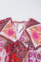 Rose Mixed Floral Long Sleeve V Neck Lace-up Hollowed Back Plus Size Dress Plus Size Mini Dresses JT's Designer Fashion