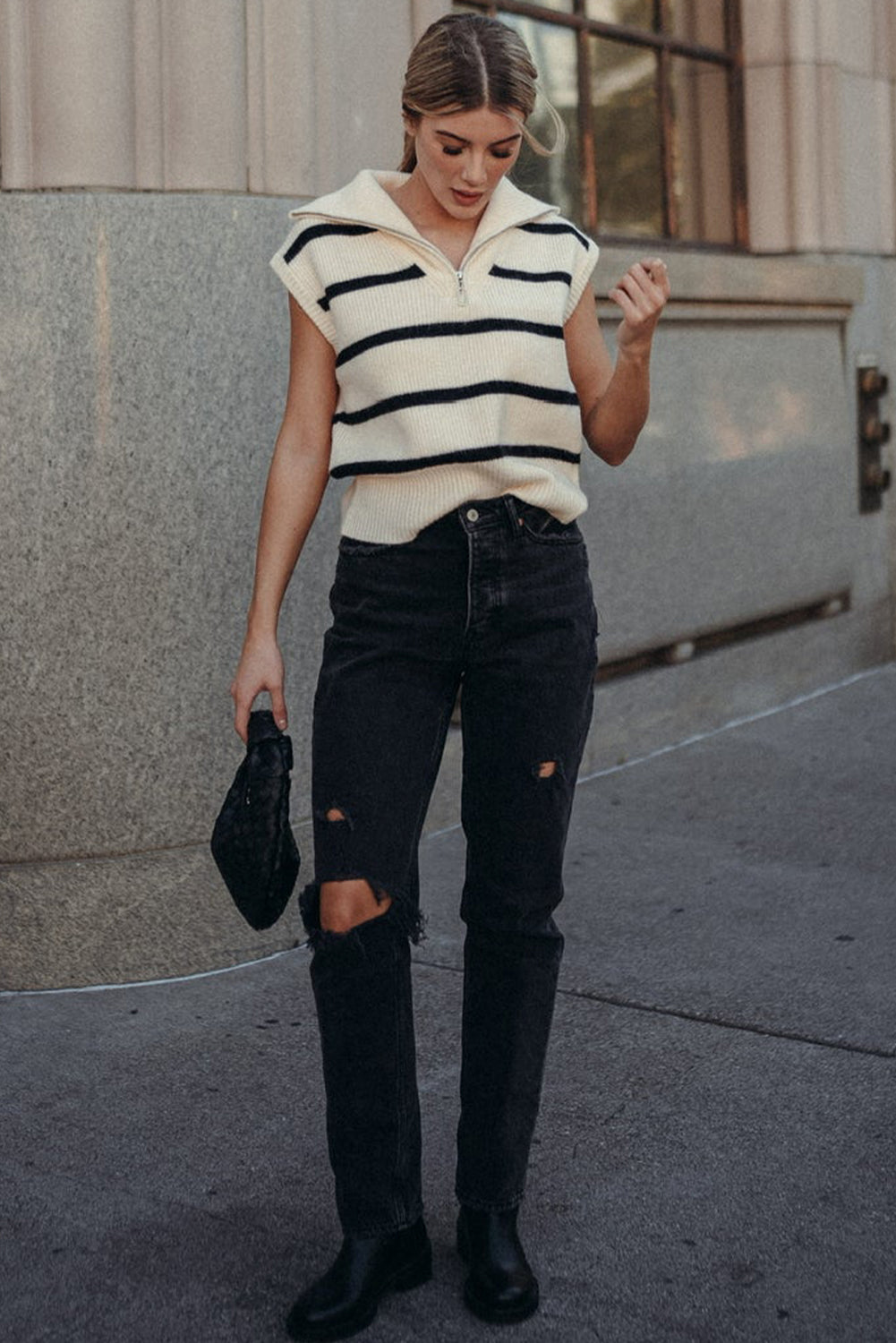 White Stripe Zipped Collar Cap Sleeve Knit Top Sweaters & Cardigans JT's Designer Fashion