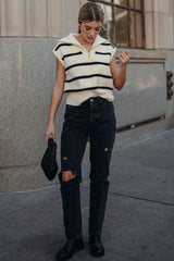 White Stripe Zipped Collar Cap Sleeve Knit Top Sweaters & Cardigans JT's Designer Fashion