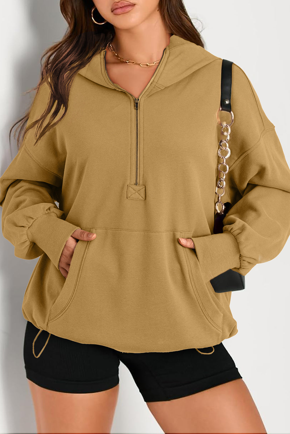 Brown Solid Kangaroo Pocket Half Zipper Oversized Hoodie Sweatshirts & Hoodies JT's Designer Fashion