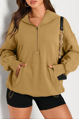 Brown Solid Kangaroo Pocket Half Zipper Oversized Hoodie Sweatshirts & Hoodies JT's Designer Fashion
