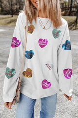 White Valentines Slogan Heart Sequin Corded Baggy Sweatshirt Graphic Sweatshirts JT's Designer Fashion