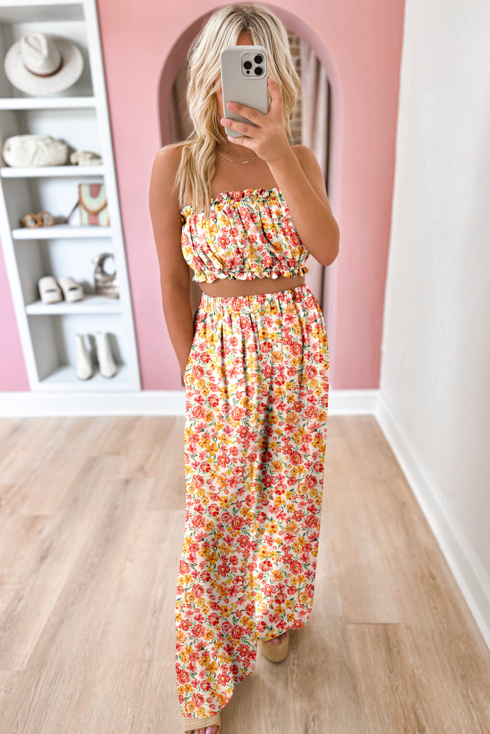 Pink Boho Floral Bandeau Top and High Waist Wide Leg Pants Set Pant Sets JT's Designer Fashion