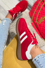 Fiery Red Vintage Striped Patchwork Lace-up Flat Shoes Women's Shoes JT's Designer Fashion