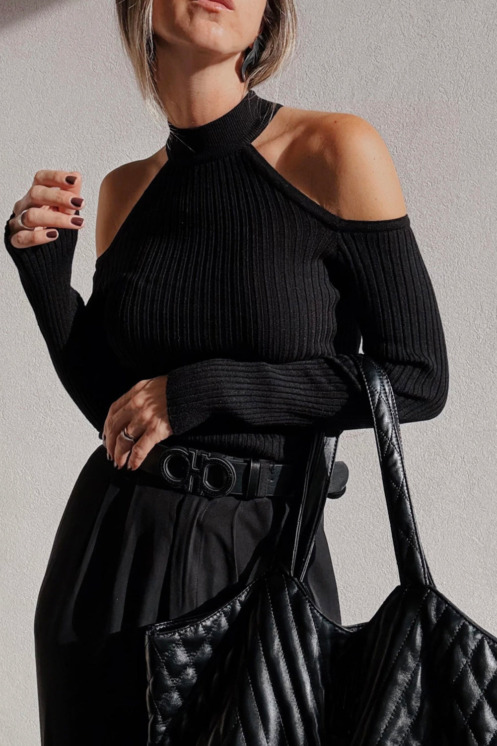 Black Ribbed Knit Cold Shoulder Choker Neck Sweater Sweaters JT's Designer Fashion