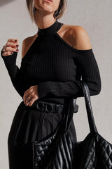 Black Ribbed Knit Cold Shoulder Choker Neck Sweater Sweaters JT's Designer Fashion