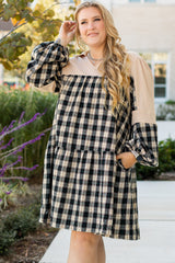 Black Plaid Waffle Knit Patchwork Collared V Neck Plus Size Mini Dress Black 100%Polyester Plus Size Mini Dresses JT's Designer Fashion
