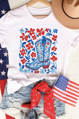 White Floral Western Boots Printed Cotton Blend T Shirt Graphic Tees JT's Designer Fashion